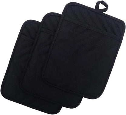 Cotton Pot Holders with Pocket, Heat Resistant Black Counter Table Hot Pads 