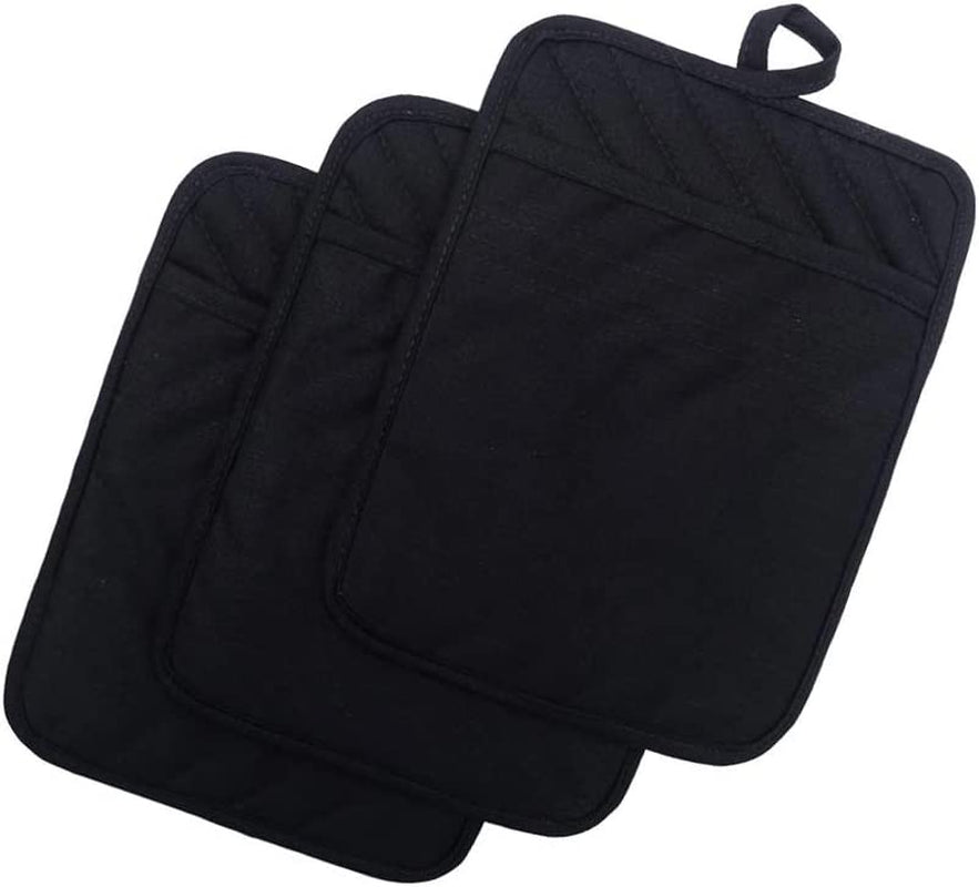 Cotton Pot Holders with Pocket, Heat Resistant Black Counter Table Hot Pads 