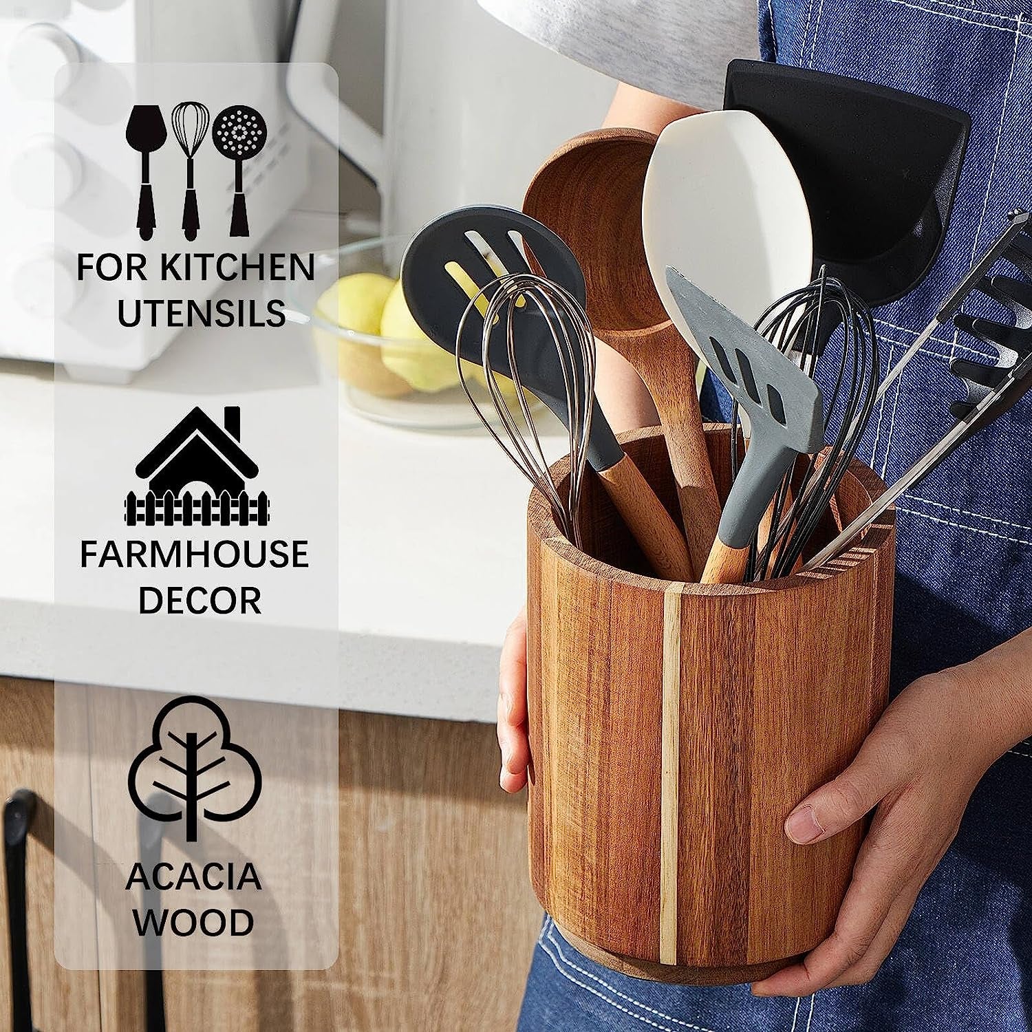 Acacia Wood Utensil Holder for Kitchen Counter, 360° Rotating 7.2" Wooden Cooking Utensil Crock for Countertop