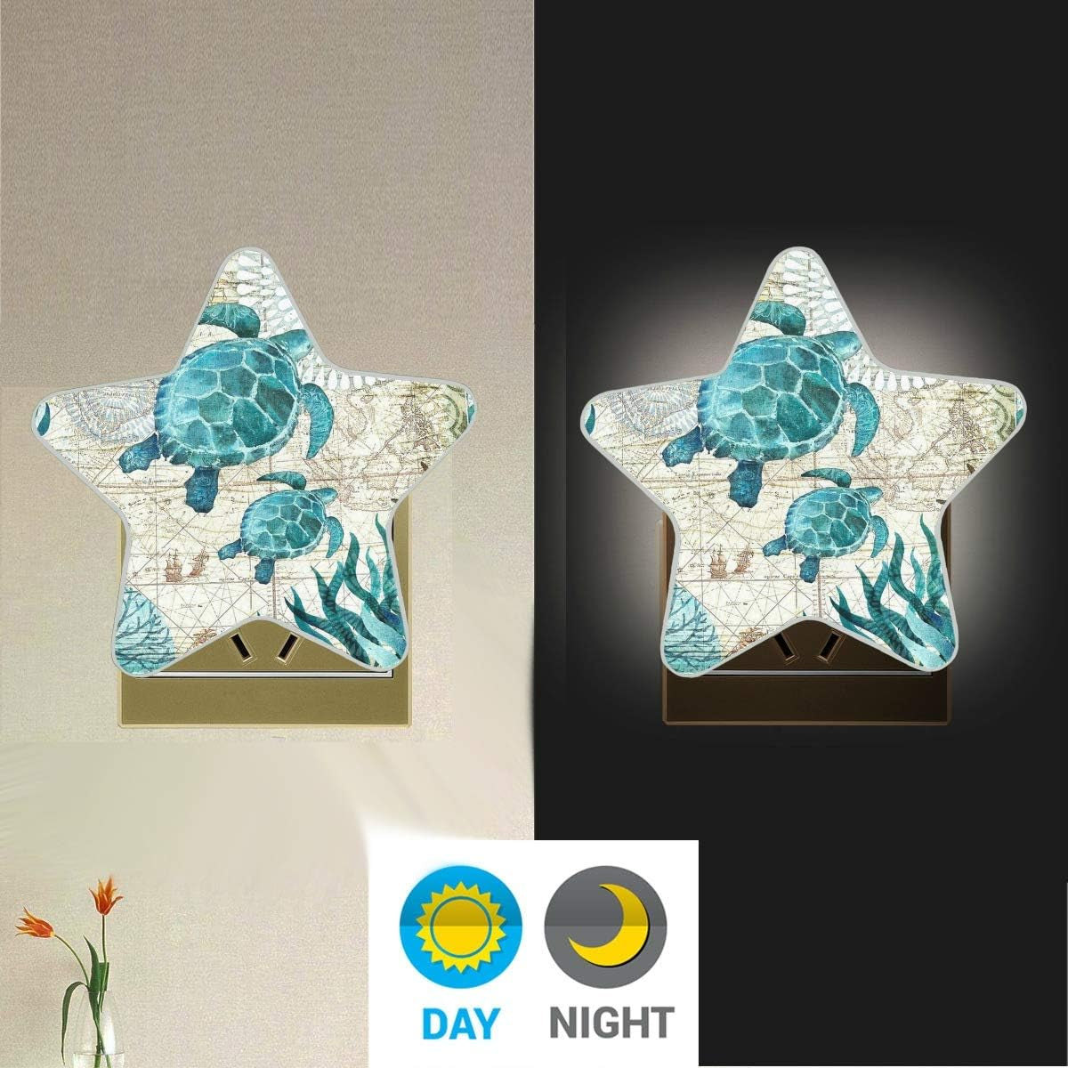 Vintage Ocean Sea Turtle Starfish Map Plug in LED Night Light Lamp with Sensor