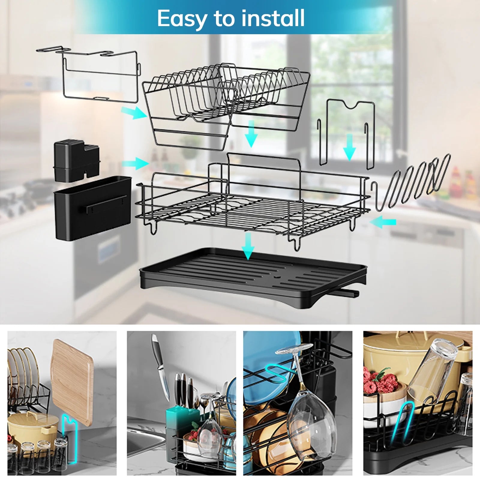 Space Saving 2 Tier Stainless Steel Dish Racks Organizer, Rust Resistant Dish Strainers - Black