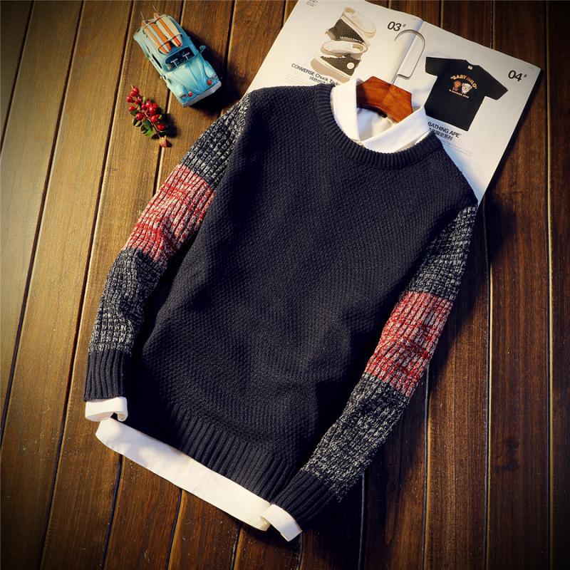 Korean Men's Color - Blocking Thick Wool Sweater - Alpaca House