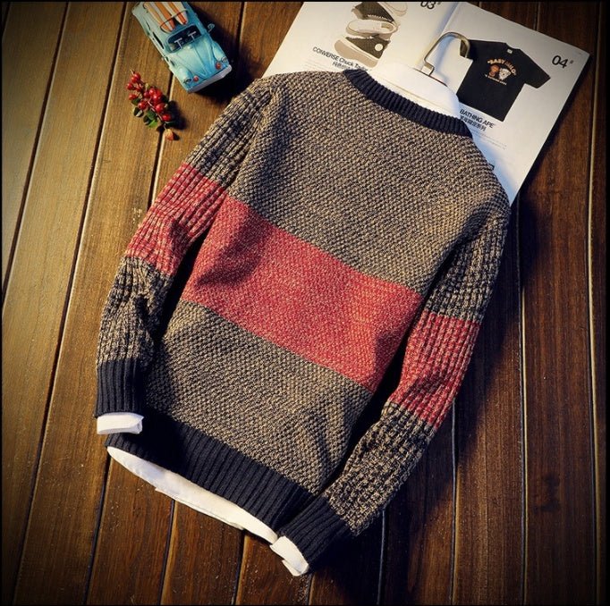 Korean Men's Color - Blocking Thick Wool Sweater - Alpaca House
